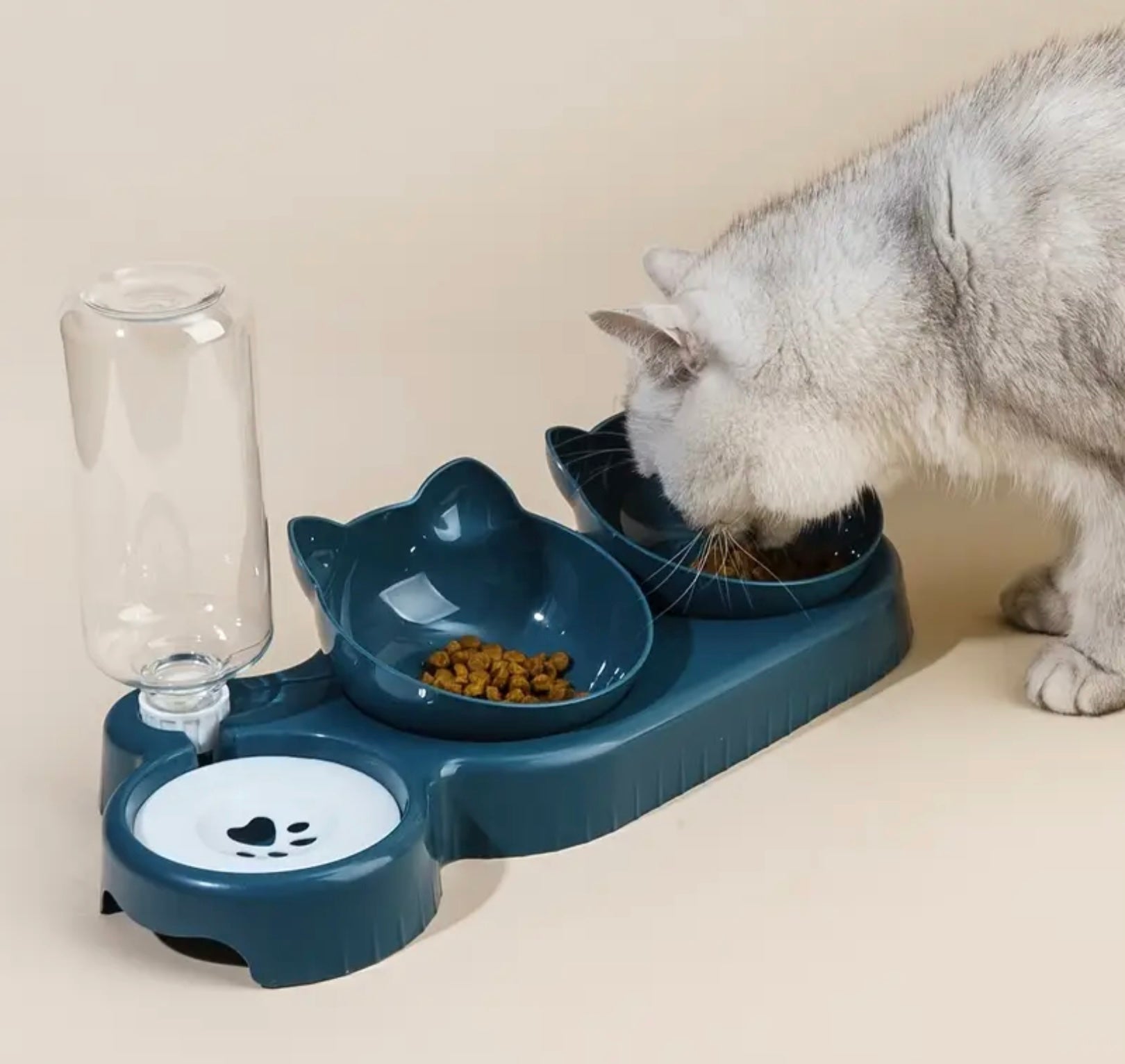 3-in-1 Automatic Cat Bowl Set – Tilted Food & Water Feeder with Gravity Water Bottle and Neck Protection Design