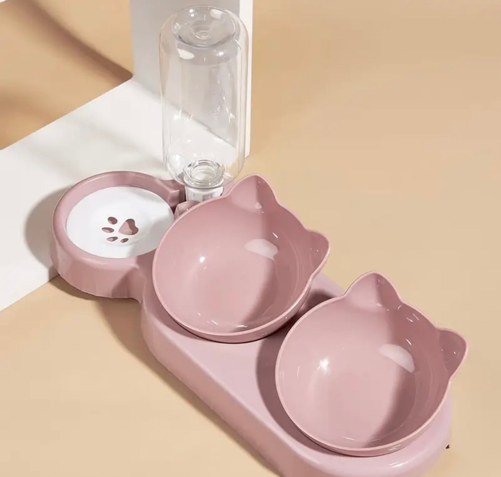 3-in-1 Automatic Cat Bowl Set – Tilted Food & Water Feeder with Gravity Water Bottle and Neck Protection Design