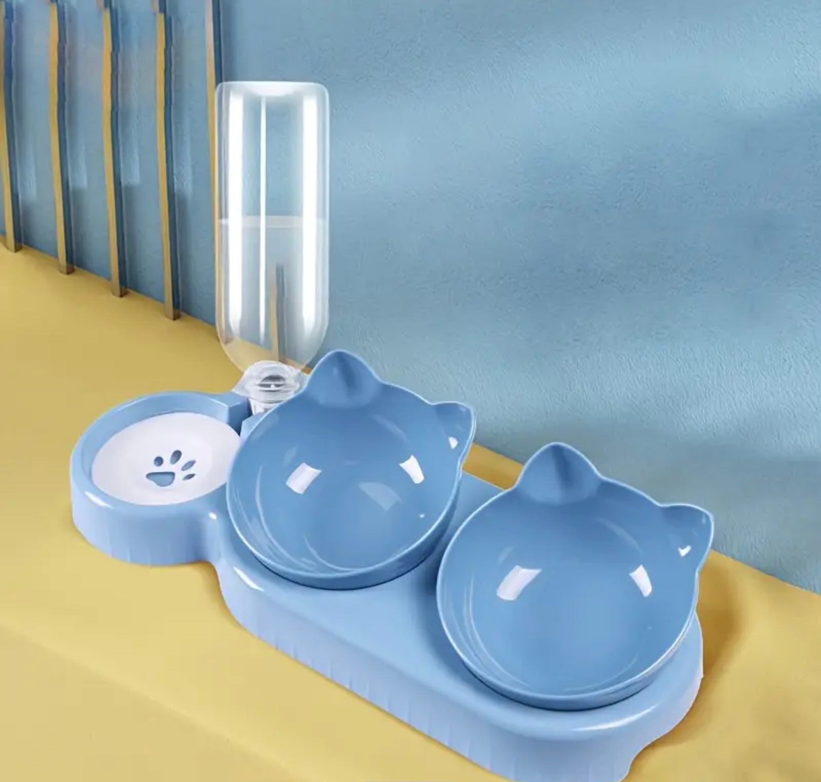 3-in-1 Automatic Cat Bowl Set – Tilted Food & Water Feeder with Gravity Water Bottle and Neck Protection Design