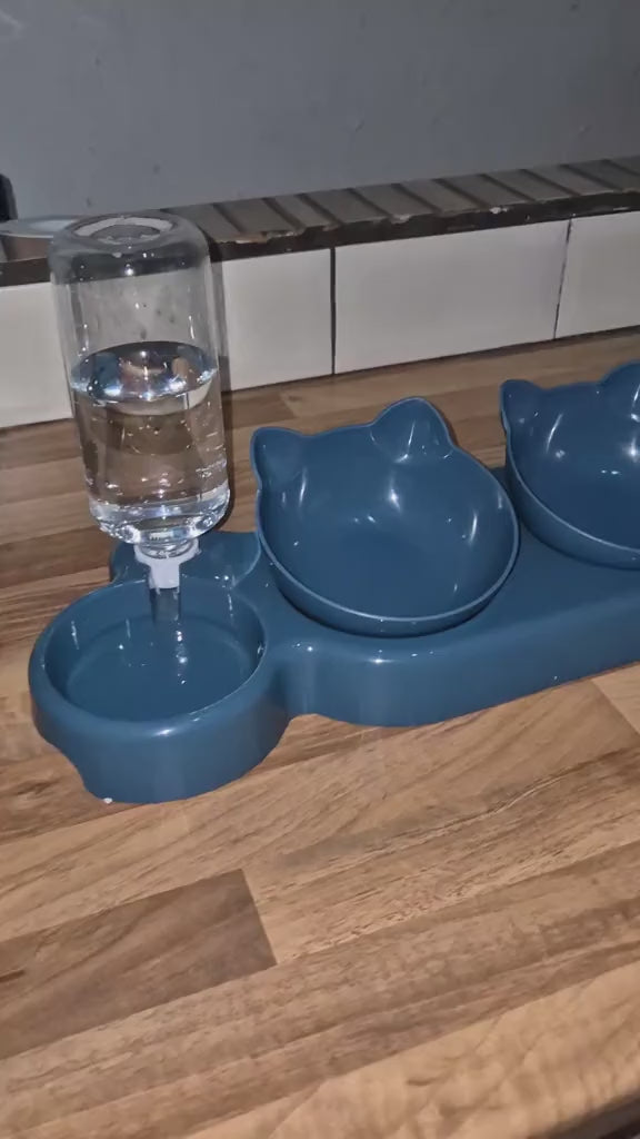3-in-1 Automatic Cat Bowl Set – Tilted Food & Water Feeder with Gravity Water Bottle and Neck Protection Design
