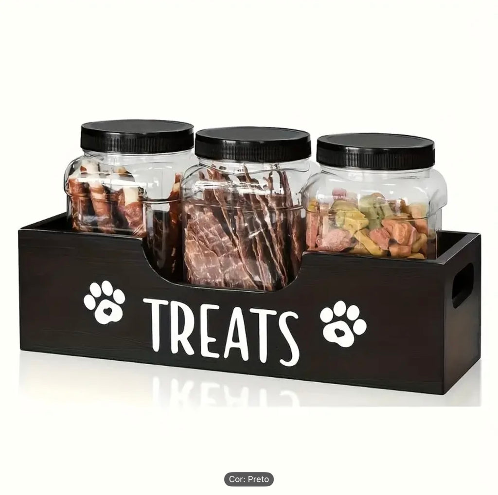 Wooden Pet Treat Holder with 3 Airtight jars - Farmhouse-Style Food Organizer for Dogs and Cats