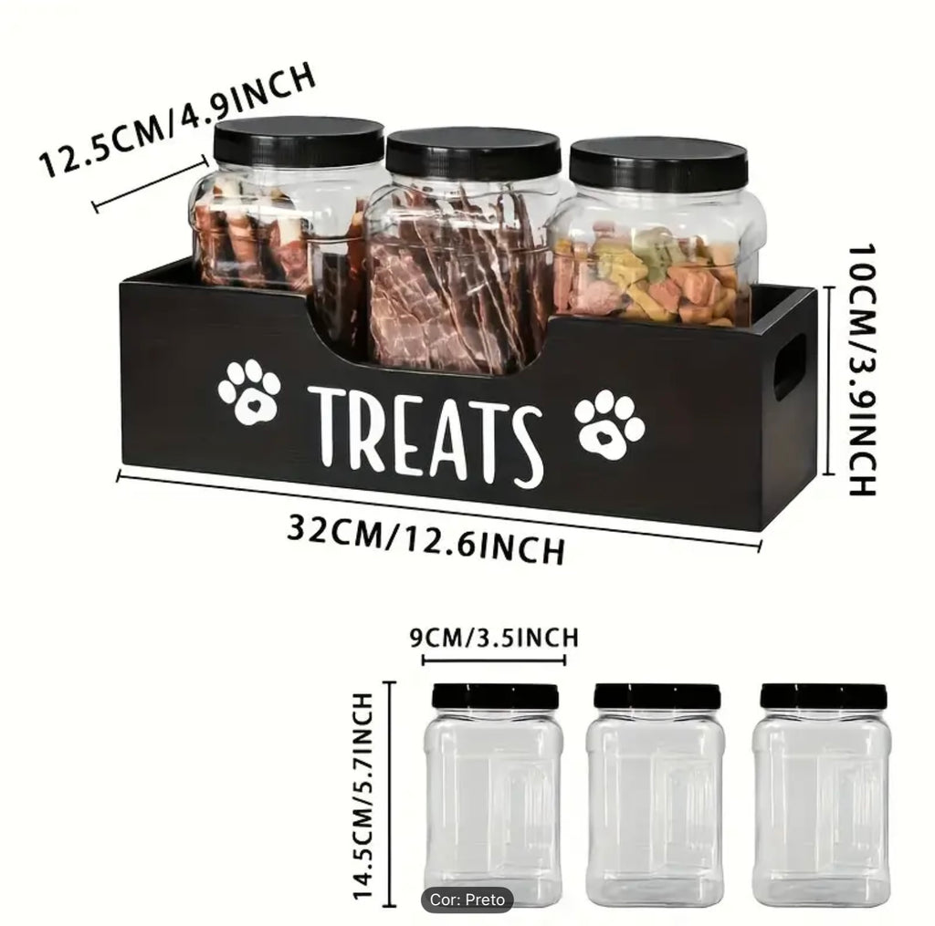 Wooden Pet Treat Holder with 3 Airtight jars - Farmhouse-Style Food Organizer for Dogs and Cats