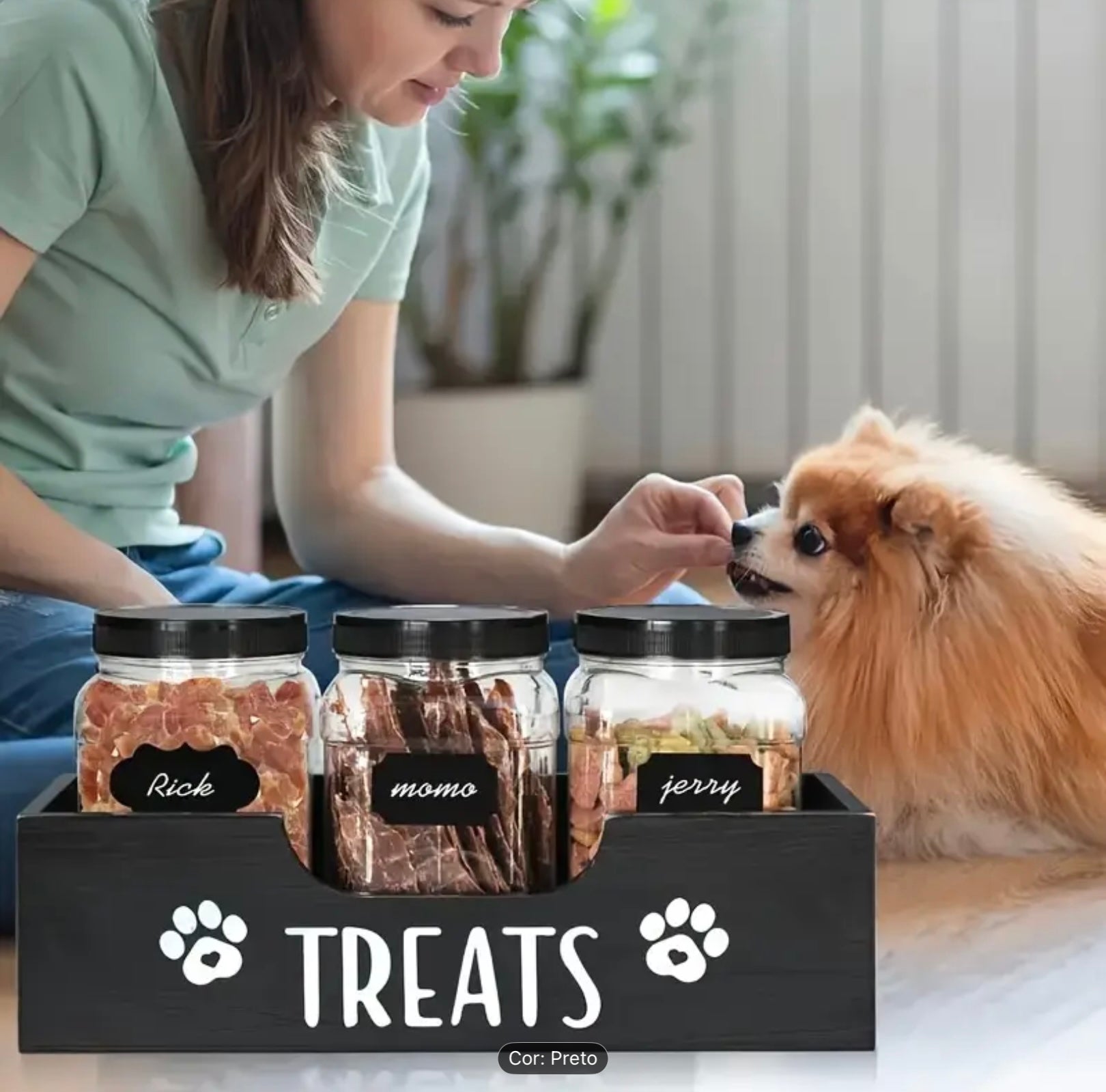 Wooden Pet Treat Holder with 3 Airtight jars - Farmhouse-Style Food Organizer for Dogs and Cats