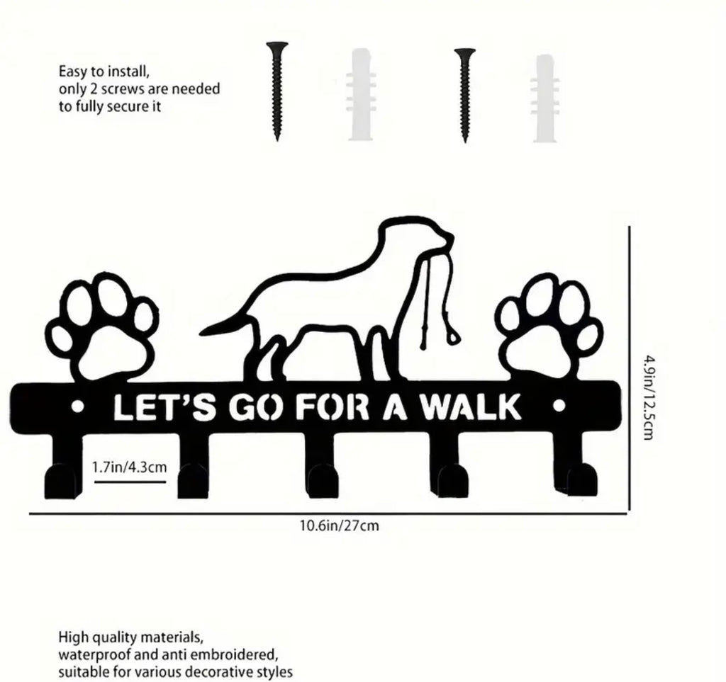 Dog Wall Key Holder – Rustic Metal Hooks for Leashes, Keys & Accessories – “Let’s Go for a Walk” Design