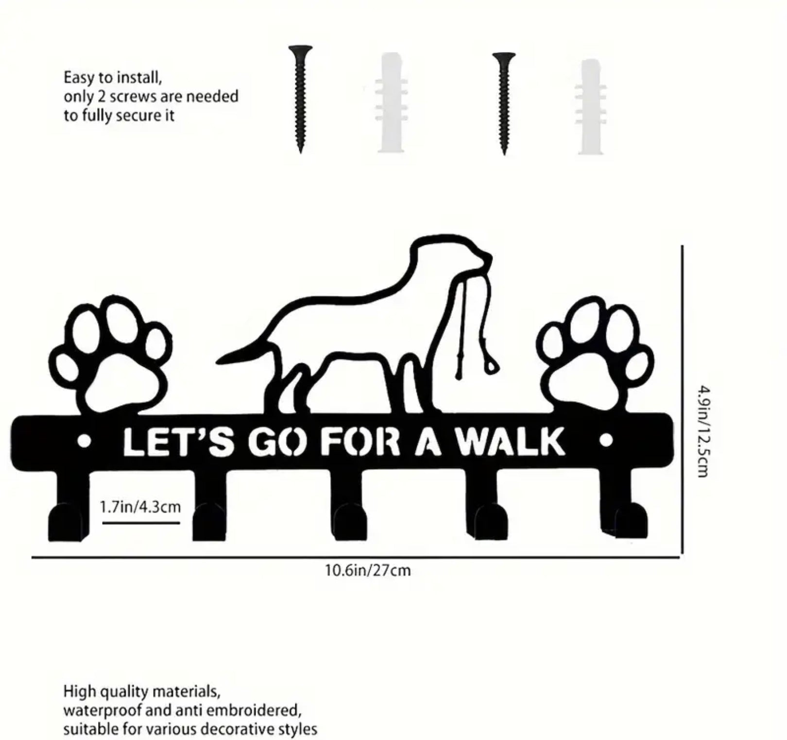 Dog Wall Key Holder – Rustic Metal Hooks for Leashes, Keys & Accessories – “Let’s Go for a Walk” Design