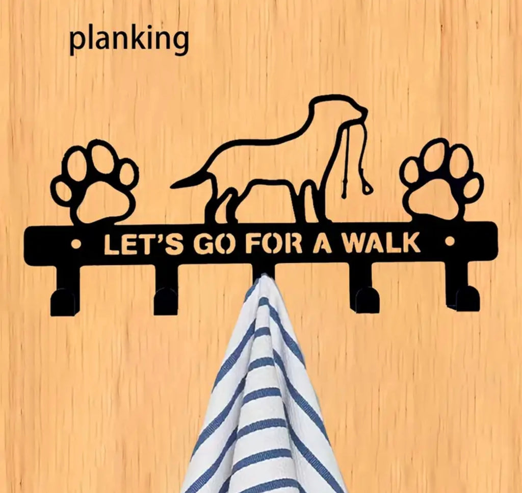Dog Wall Key Holder – Rustic Metal Hooks for Leashes, Keys & Accessories – “Let’s Go for a Walk” Design