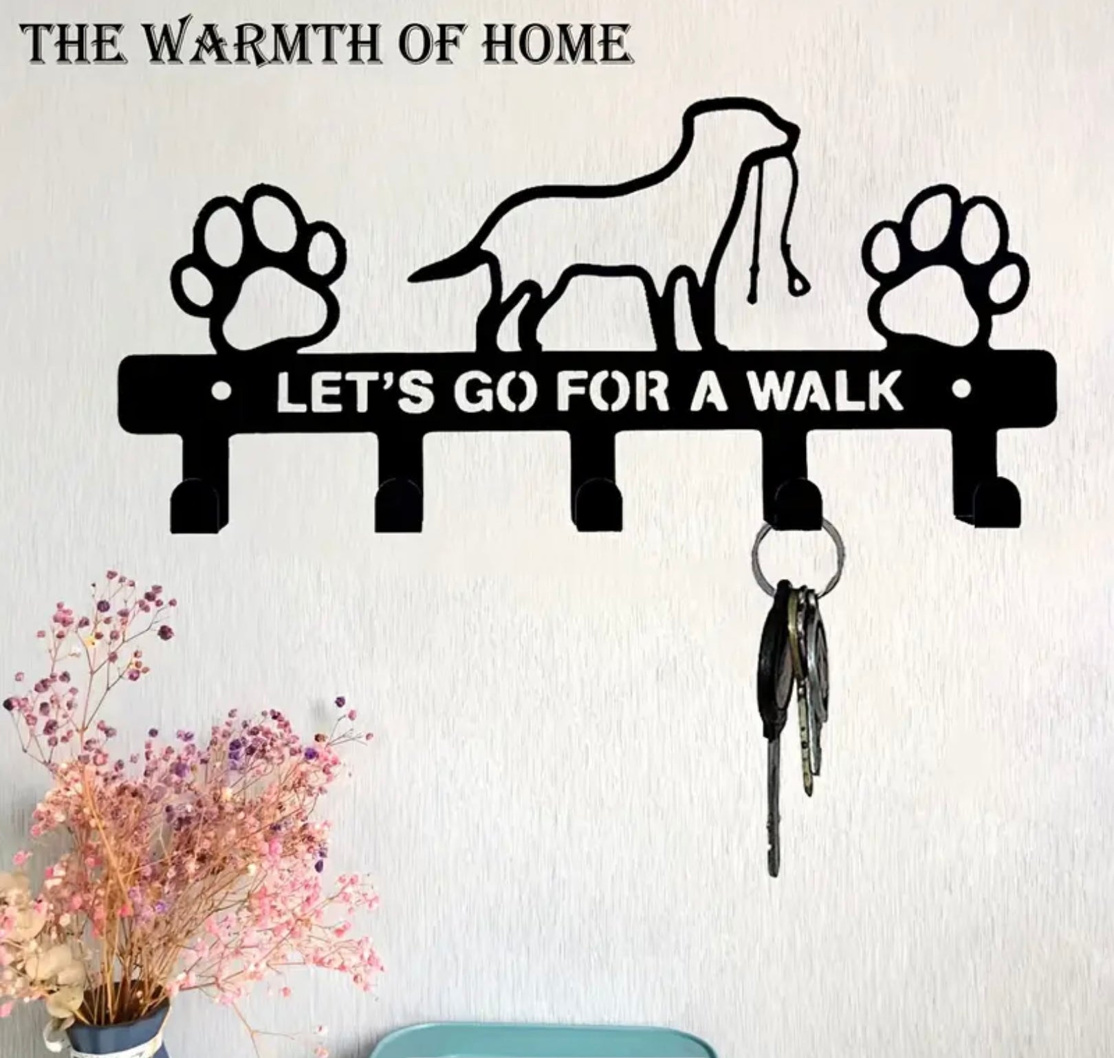Dog Wall Key Holder – Rustic Metal Hooks for Leashes, Keys & Accessories – “Let’s Go for a Walk” Design