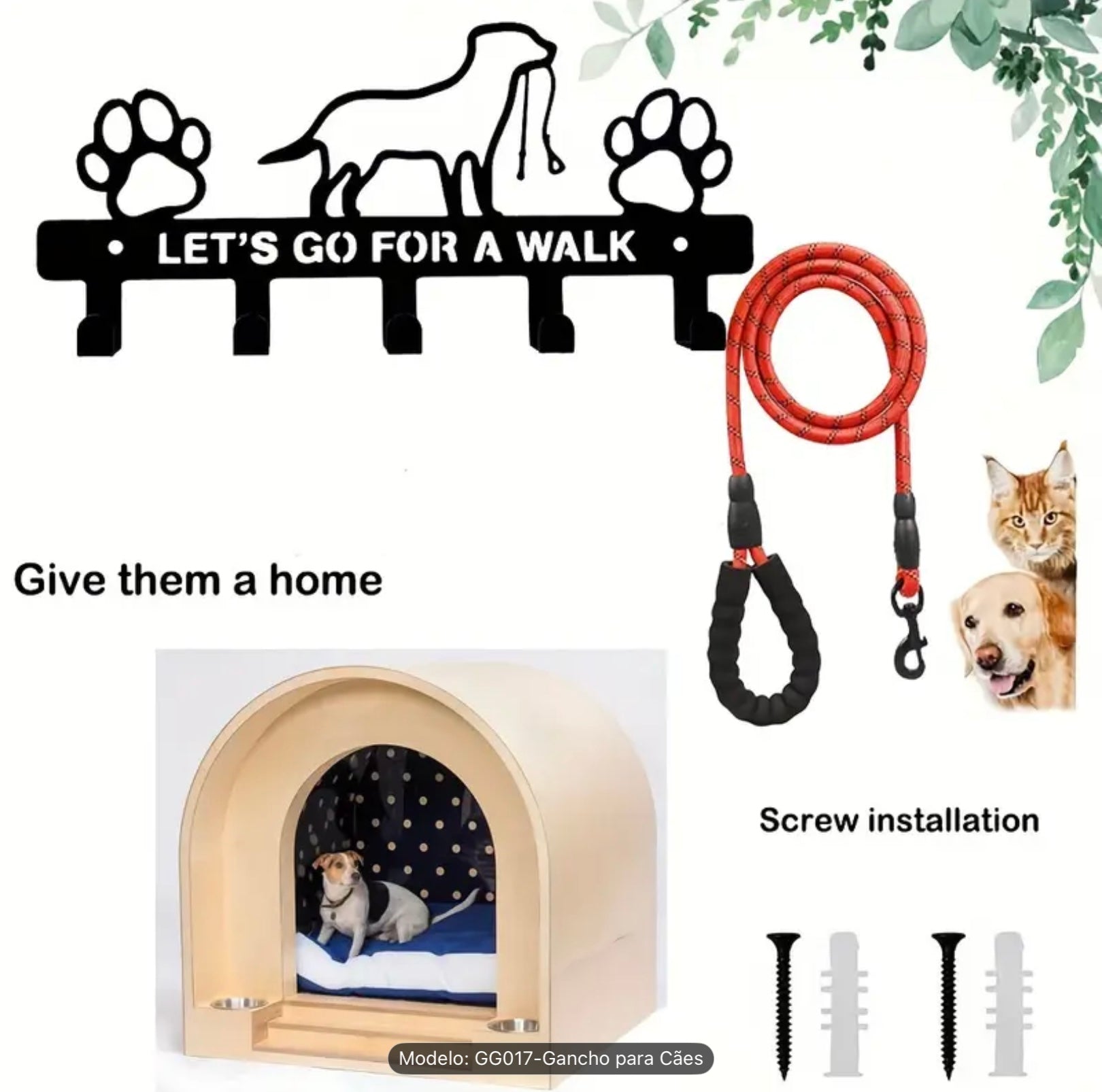 Dog Wall Key Holder – Rustic Metal Hooks for Leashes, Keys & Accessories – “Let’s Go for a Walk” Design