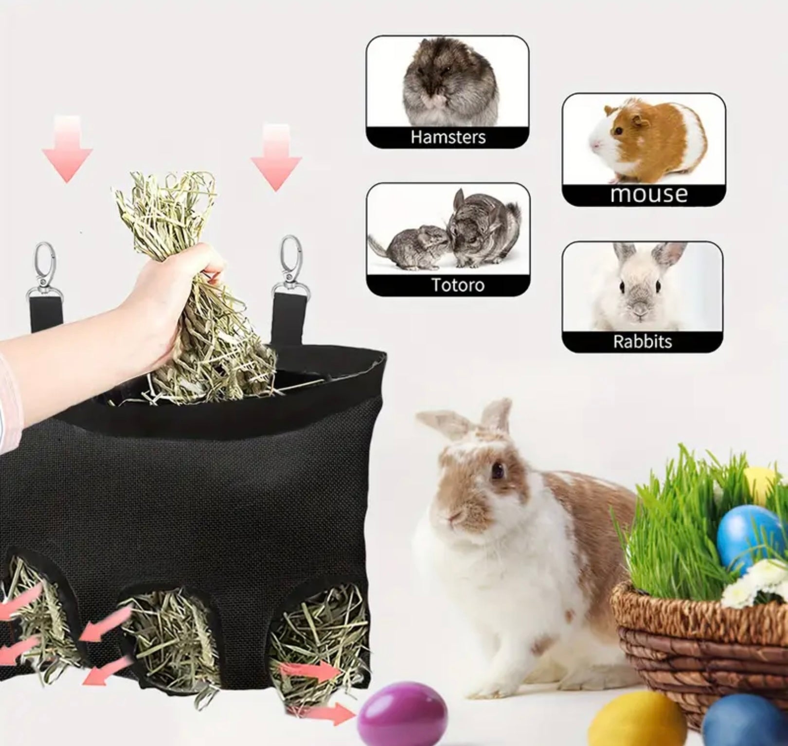 Hanging Hay Feeder Bag for Rabbits – Waterproof 1680D Oxford Fabric, Multiple Holes for Guinea Pigs, Chinchillas, Hamsters