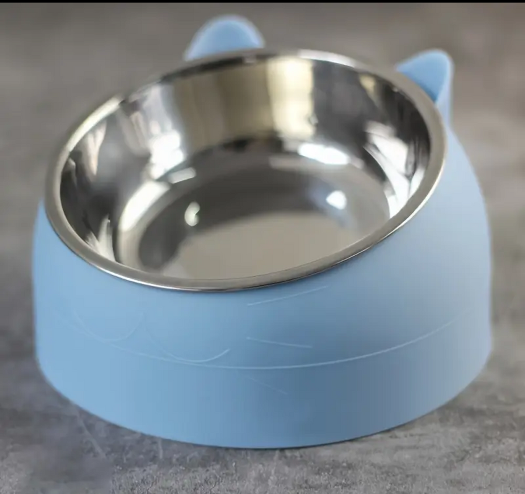 15° Elevated Stainless Steel Cat Bowl – Anti-Slip Tilted Food & Water Dish (100ml) for Neck Protection