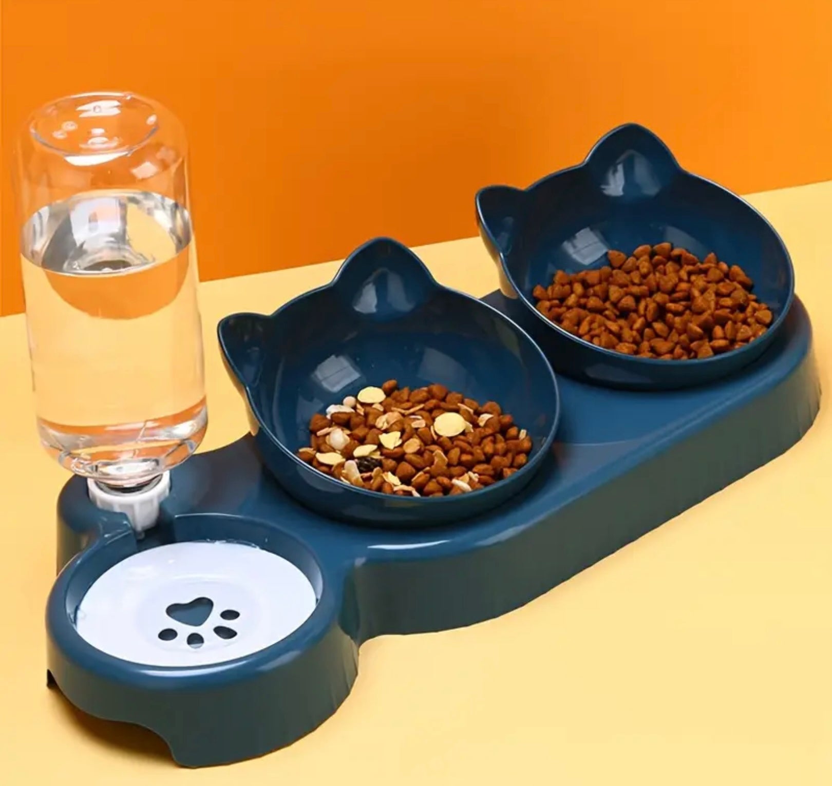 3-in-1 Automatic Cat Bowl Set – Tilted Food & Water Feeder with Gravity Water Bottle and Neck Protection Design