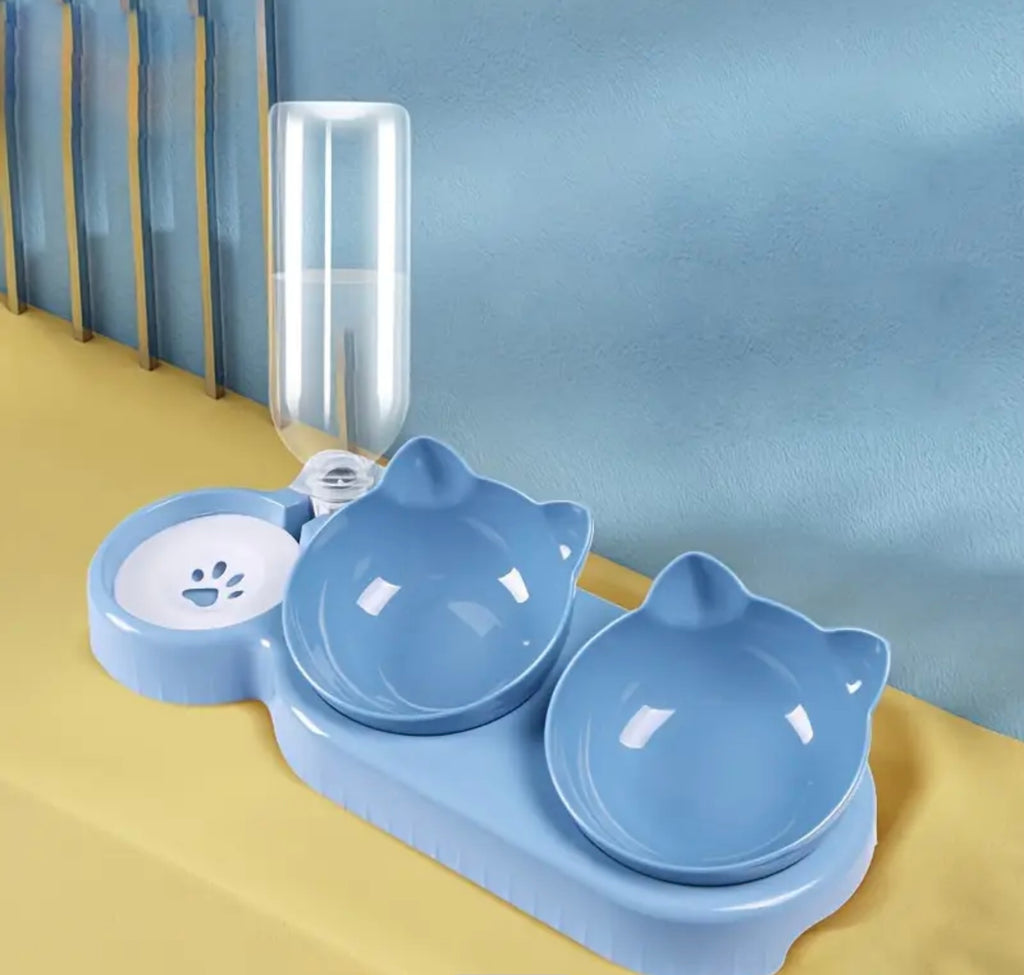 3-in-1 Automatic Cat Bowl Set – Tilted Food & Water Feeder with Gravity Water Bottle and Neck Protection Design
