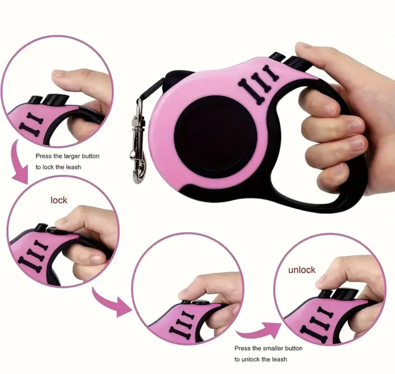 Retractable Dog Leash with Lock Switch – Colorful Bone Pattern & Durable Nylon Rope