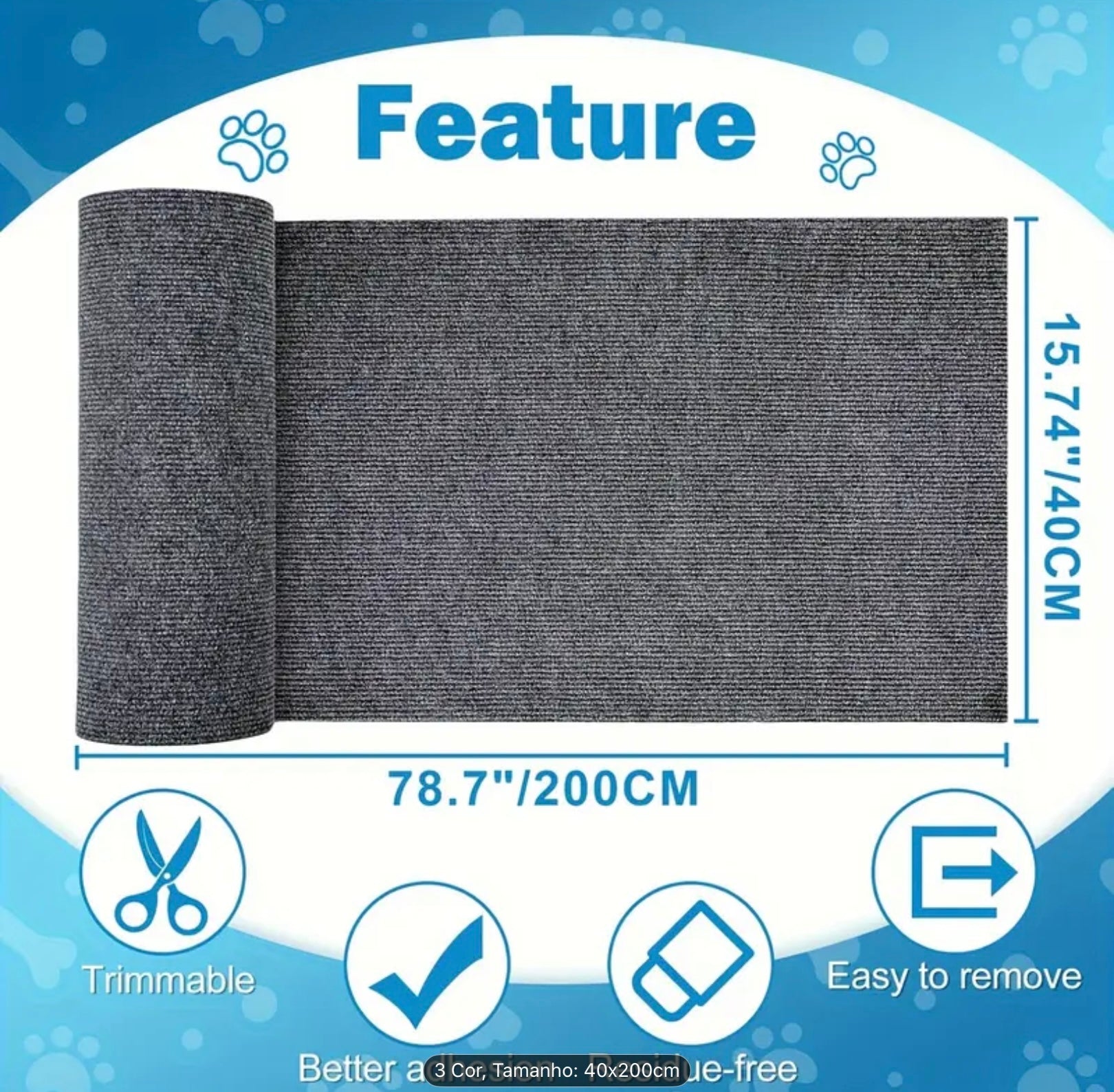 Trim-to-Fit Cat Furniture Protector – Self-Adhesive Anti-Scratch Mat for Sofas, Doors & Cat Trees (Gray, 78.7 x 15.8 in)