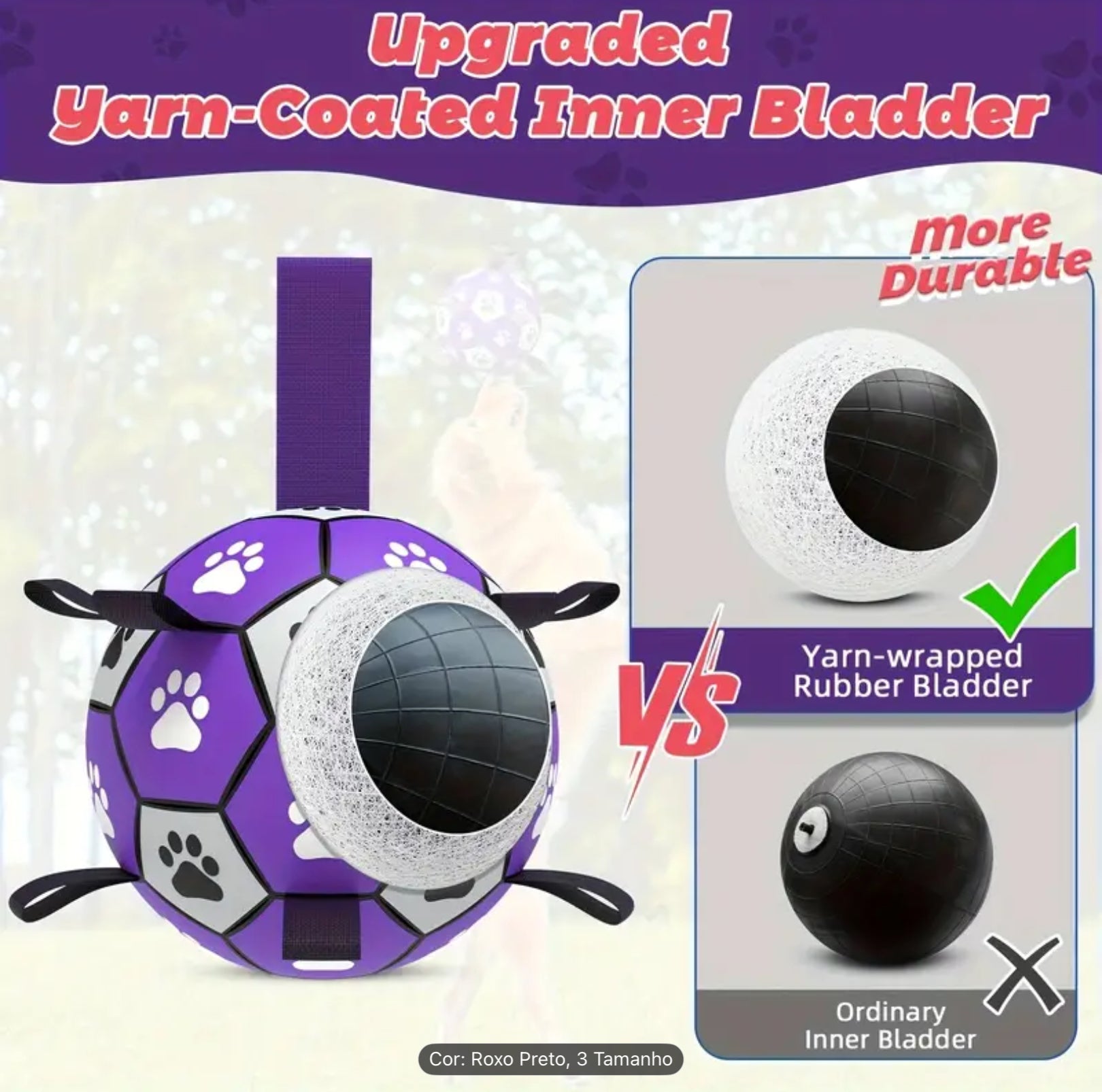 Durable Rubber Dog Soccer Ball with Handles – Interactive Bite-Resistant Toy for All Breeds (Purple & Black Paw Design)