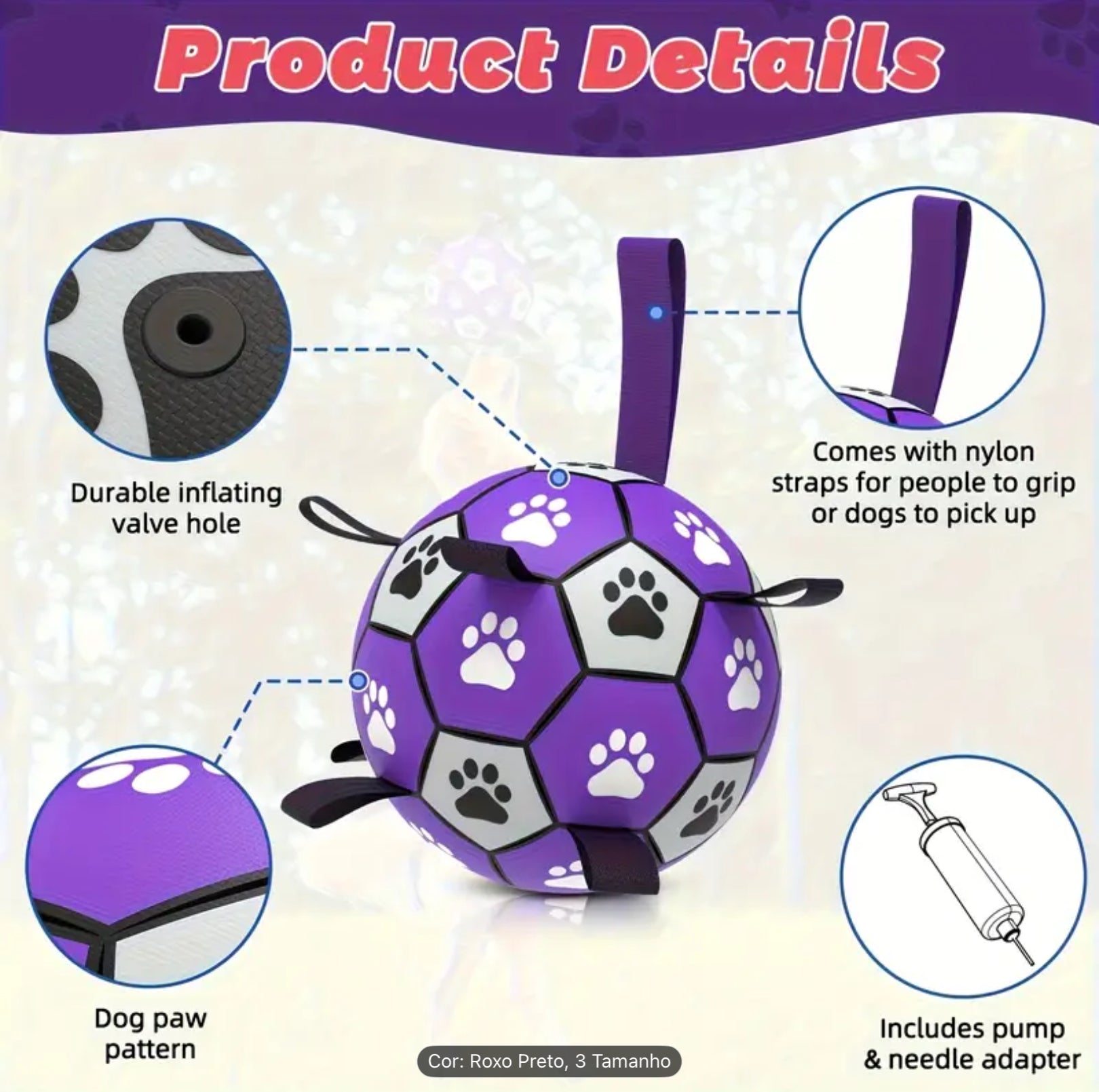 Durable Rubber Dog Soccer Ball with Handles – Interactive Bite-Resistant Toy for All Breeds (Purple & Black Paw Design)