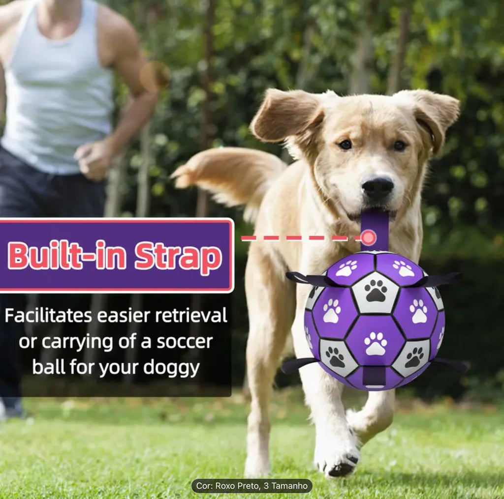 Durable Rubber Dog Soccer Ball with Handles – Interactive Bite-Resistant Toy for All Breeds (Purple & Black Paw Design)