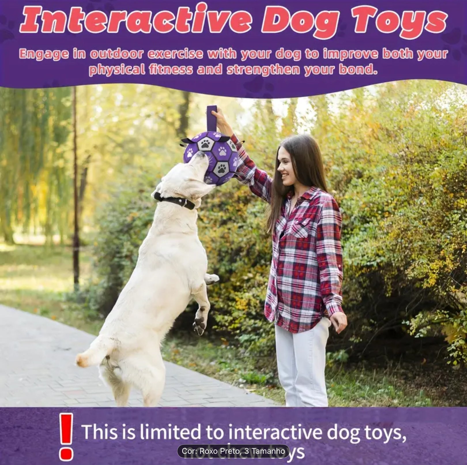 Durable Rubber Dog Soccer Ball with Handles – Interactive Bite-Resistant Toy for All Breeds (Purple & Black Paw Design)