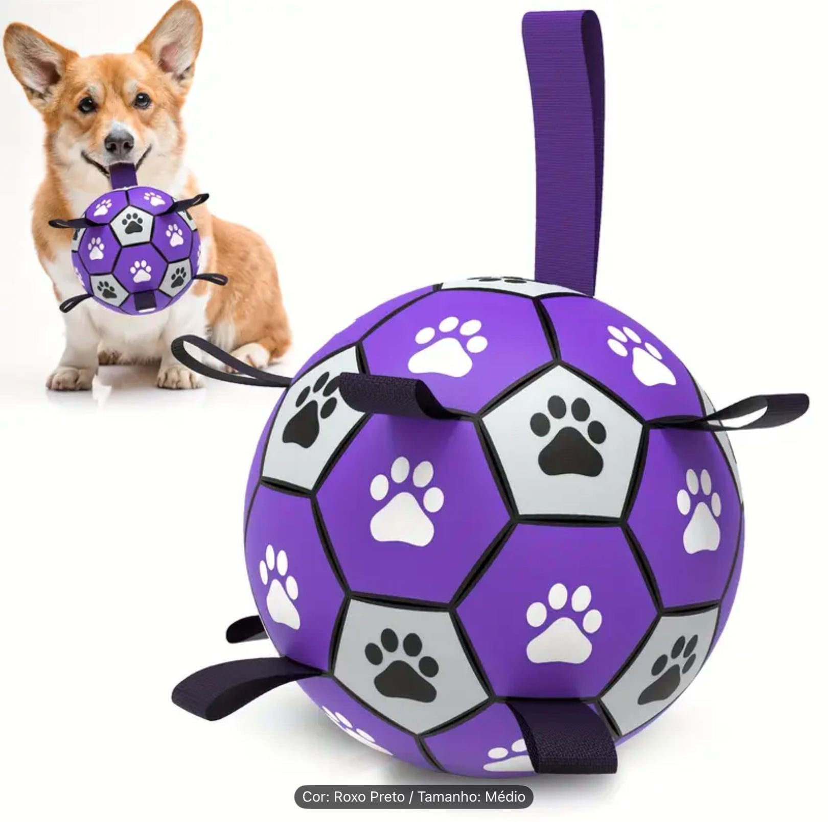 Durable Rubber Dog Soccer Ball with Handles – Interactive Bite-Resistant Toy for All Breeds (Purple & Black Paw Design)