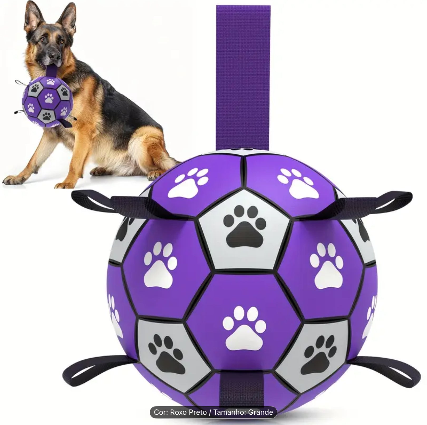 Durable Rubber Dog Soccer Ball with Handles – Interactive Bite-Resistant Toy for All Breeds (Purple & Black Paw Design)