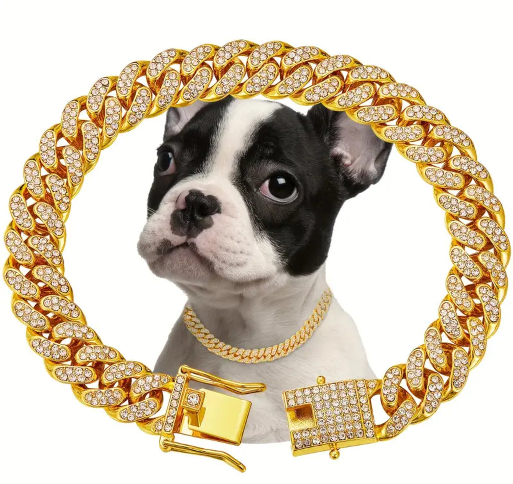 Sparkling Diamond Dog Collar – Stylish Metal Chain with Secure Buckle for Elegant Walks